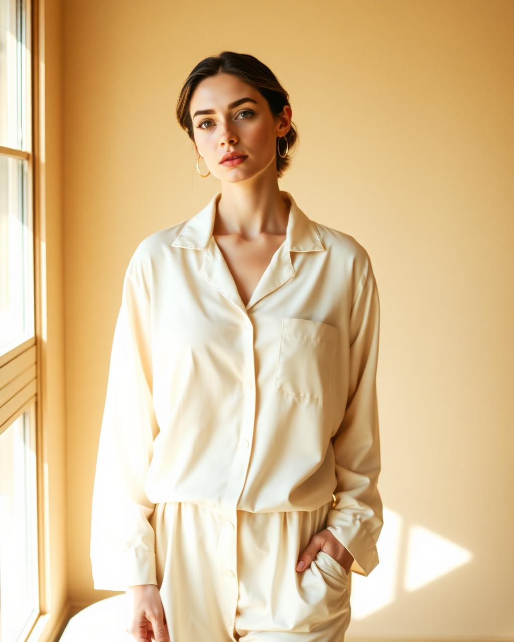 A woman wrapped in soft pajamas, completely at ease