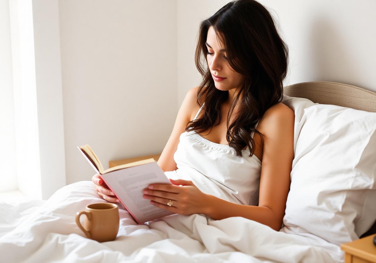 Tall woman reading in bed with white linen sheets and morning light