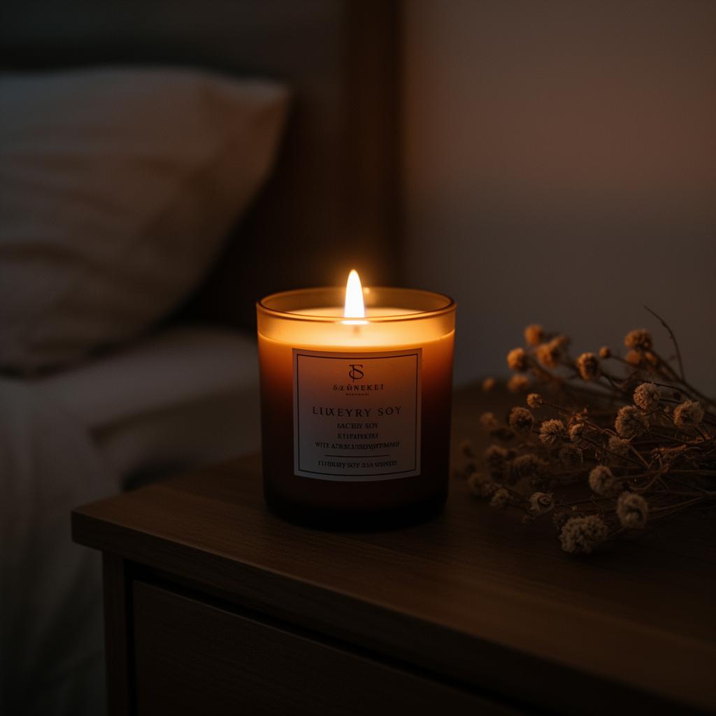 Lit candle on bedside table